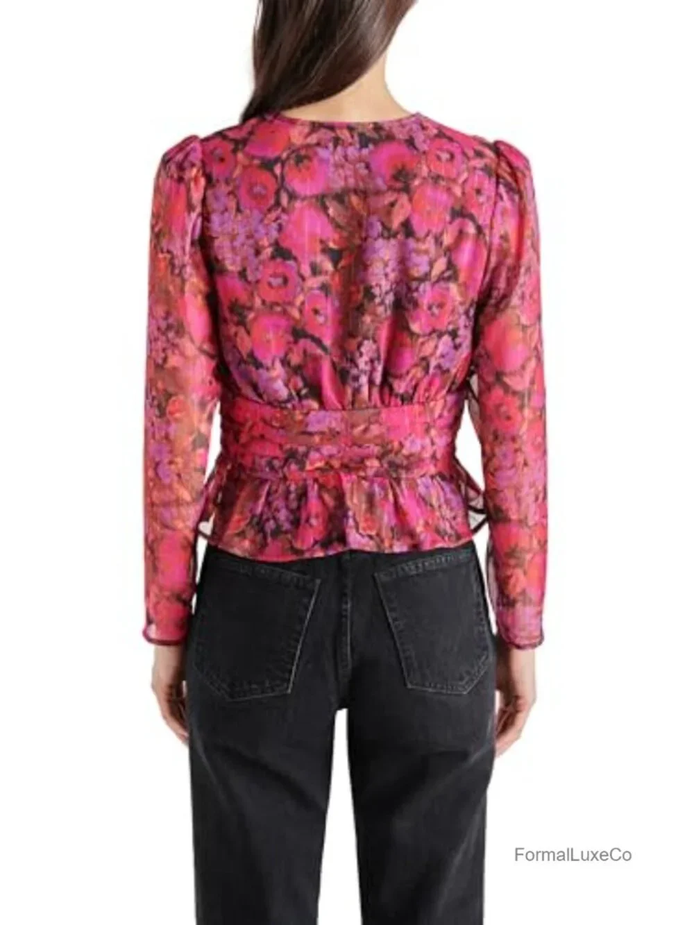 Floral Peplum Blouse V-Neck 3/4 Sleeve Polyester Bow Detail